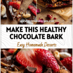 Valentine-themed Chocolate Greek Yogurt Bark topped with nuts and fruit, a High Protein Yogurt Bark and Healthy Peanut Butter Dessert idea.